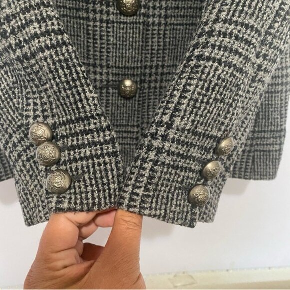 Jaeger Wool Blazer UK 10 US 8 Plaid Check Jacket Crest Buttons Made in Britain - Picture 4 of 11